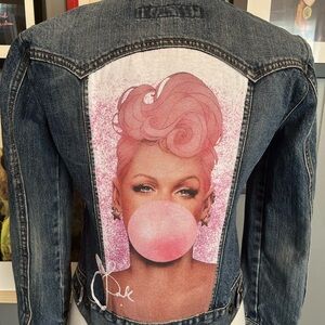 Pink Up-Cycled Denim Jacket with Bubble Gum Graphic Women’s Size Small